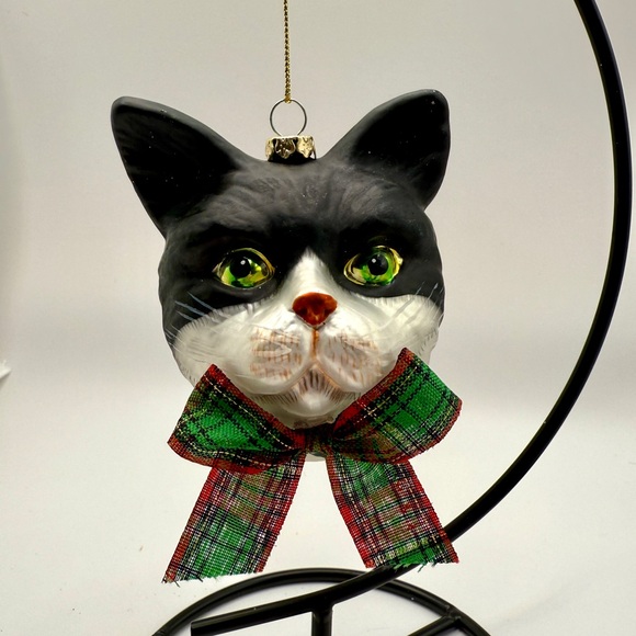 Festive Christmas Cat / Kitty Ornament with Plaid Bow and Bell - Picture 6 of 7